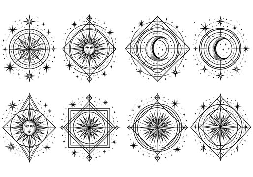 Intricate celestial designs featuring sun and moon in geometric patterns
