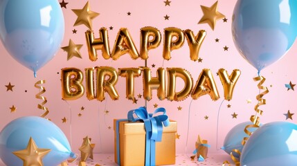 Colorful birthday decorations with blue balloons, golden star confetti, and a gift box. The scene conveys a festive atmosphere for celebrations.