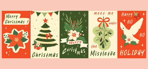 Christmas Holiday Vector Set, Poinsettia, Tree, Mistletoe, and Dove Illustrations.