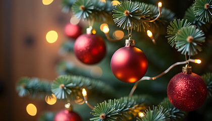 Red Christmas baubles and warm fairy lights decorating a festive Christmas tree branch.
