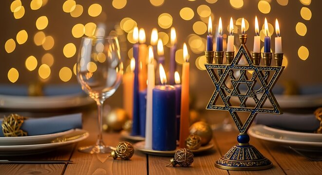 Photo of a beautifully set table for hanukkah with a menorah lit with candles, wine glass, and plates, illuminated by warm bokeh lights in the background - Powered by Adobe