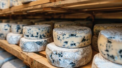 Fototapeta premium A variety of blue cheese wheels arranged on wooden shelves. The cheeses have distinct blue veins and a rustic appearance, showcasing artisanal craftsmanship.