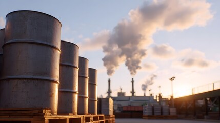 Obraz premium Industrial facility with stacked barrels in the foreground and smokestacks emitting smoke during a golden sunset