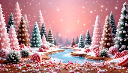 Winter wonderland scene with candy canes, colorful trees, and a serene river during Christmas festivities Generative AI