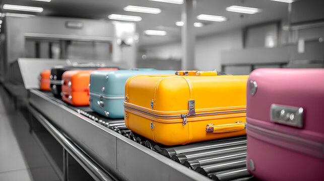 Bright luggage bags traveling on a roller conveyor system at an airport, symbolizing travel, journey, and destination