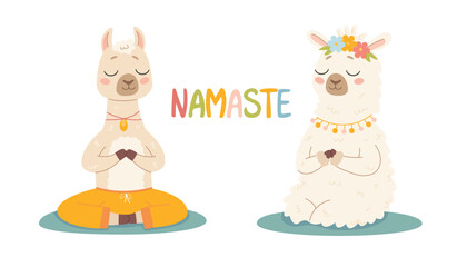 Cute lama in a yoga pose on a white background. Cute children's style. Cute relaxed llama in meditation pose. Alpaca. Vector illustration in cartoon style © Jevgeniya Mukhitova