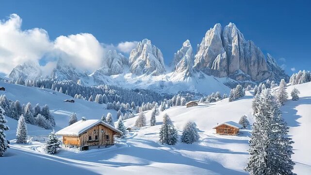 Seceda Mountains with snow in winter italian landscape zoom out video
