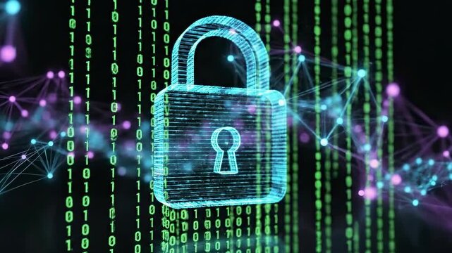Animated holographic lock floating above binary codes, glowing network mesh background, dark tech color palette