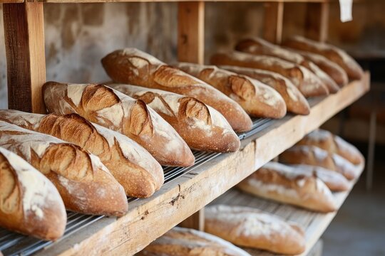 A rustic bakery with wooden shelves filled with freshly baked bread and pastries, creating a warm and inviting atmosphere.