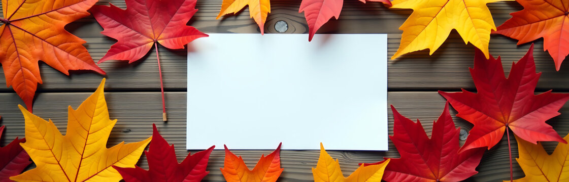 flat lay vibrant autumn leaves medley warm colors scattered across wooden surface overlaid white card containing blank