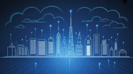 Futuristic city skyline with glowing lights showcasing innovation and connectivity, perfect for tech startups and modern business presentations design.