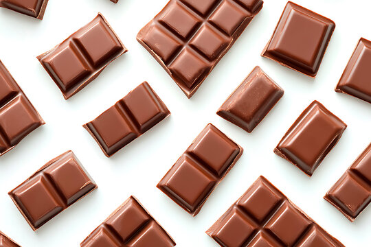 Chocolate bar segments and squares scattered on a white background, forming a delicious, edible pattern