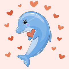 Cute cartoon Dolphin with red hearts. Vector illustration of animal on pink background.