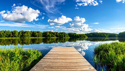A wooden dock stretches onto a placid lake reflecting fluffy white clouds and a forest against a vivid blue sky