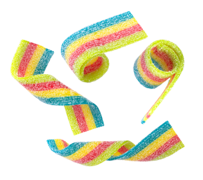 high-energy photograph of several pieces of rainbow-striped sour belt gummy candy, twisted and curled into various shapes and floating against a stark transparent background.
