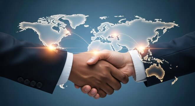Global Business Partnership - Handshake with World Map Background.