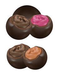 detailed 3d render depicting four rich dark chocolate truffles, showcasing creamy pink, chocolate, and caramel fillings, arranged geometrically and isolated on black.