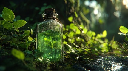 Enchanted Elixir: A Glass Bottle Filled with Glowing Liquid, Nestled in Mossy Woodland