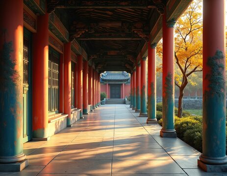 Long traditional Chinese temple corridor with red columns. Golden sunlight casts shadows on tiled floor. Ornate roof details, green windows, bright yellow autumn tree outside. Ancient Asian culture.