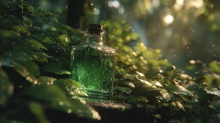 Forest Brew: A Potion Bottle Displayed on Moss and Greenery, Bathed in Soft Light