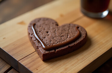 delicate chocolate cookie shaped like heart partially dipped rich dark coffee glaze worn wooden cutting board
