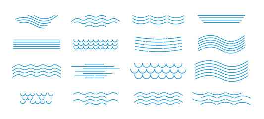 Waves and water set of simple linear illustrations. Water surface icon, wavy, calm, in motion, scalloped. Vector elements, clip art