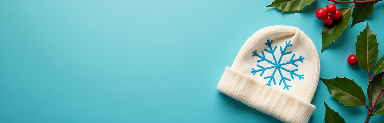 delicate beanie rests vibrant cerulean background amidst festive holly red berries serene