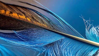 Close up of a vibrant blue and brown feather against a soft blue background. Intricate details visible