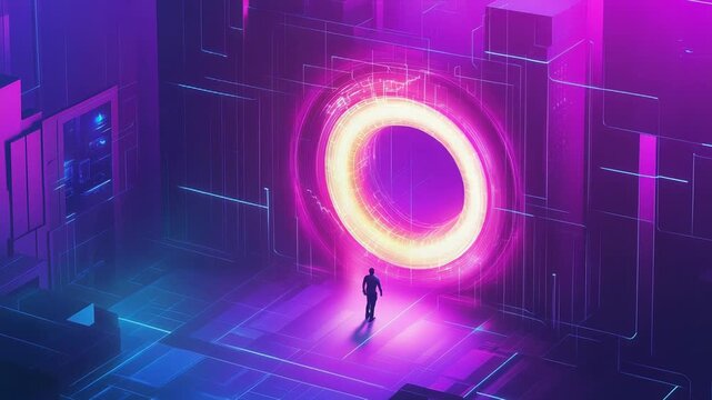 Man standing before glowing portal in digital metaverse world