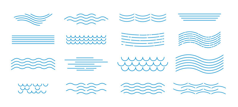 Waves and water set of simple linear illustrations. Water surface icon, wavy, calm, in motion, scalloped. Vector elements, clip art