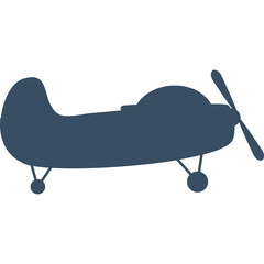 Silhouette of a Small Propeller Airplane in a Dark Blue Hue Isolated on a Transparent Background Featuring Classic Design Elements and Two Wheels