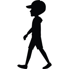 Silhouette Of A Young Boy Wearing A Baseball Cap And Shorts Walking Forward In Profile View Against A Transparent Background