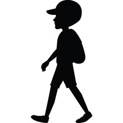 Silhouette of a Young Boy Wearing a Baseball Cap and Backpack Walking Forward with a Transparent Background