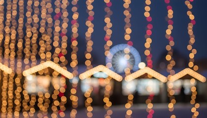 Bright Christmas lights illuminate festive market with decorated stalls and a Ferris wheel in the background at night during the holiday season Generative AI