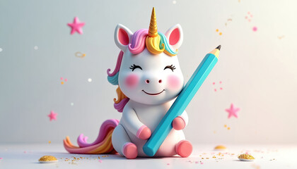 Fototapeta premium Cute smiling unicorn character holds blue pencil. White fantasy animal with rainbow mane, golden horn. Happy toy sits on light background with scattered stars, glitter. Charming creature inspires