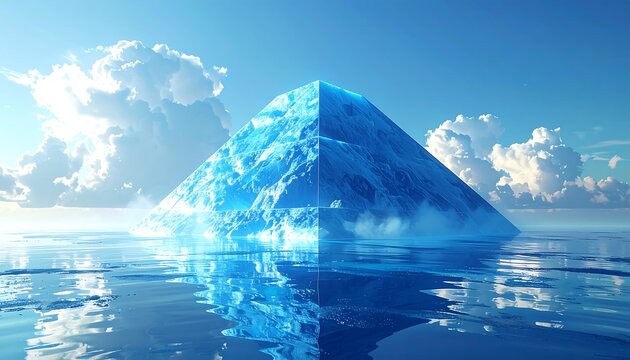 Crystalline pyramid floating on water reflects sky with puffy clouds, creating a serene, otherworldly seascape