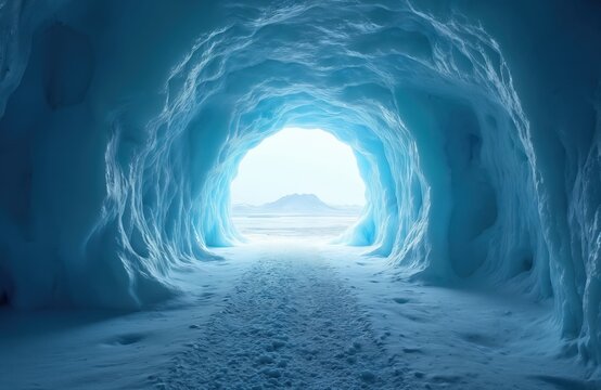 Blue ice cave tunnel leads to bright snowy landscape with mountains. Frozen ice walls have wavy textured surface. Path through snow leads to exit in frozen world.