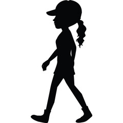 Silhouette of a young girl wearing a baseball cap and ponytail walking casually with a white background and transparent background