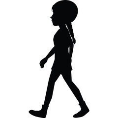 Silhouette of a Young Girl with Braids Walking Confidently with Transparent Background