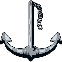 Silver anchor with chain and transparent background nautical maritime symbol illustration