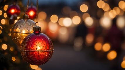 Beautifully lit Christmas ornaments hanging in a festive market filled with warm lights and joyful decorations during the holiday season Generative AI