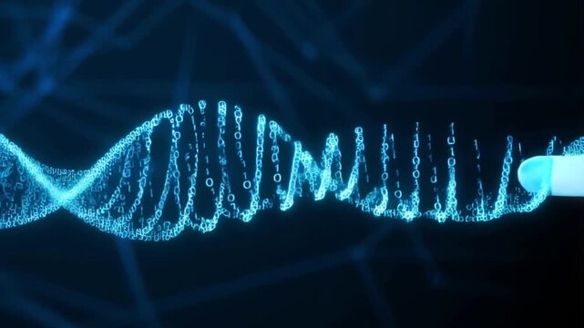 A stream of binary code morphing into a dna strand and then a medical capsule concept of digital biology and pharmaceutical innovation - Powered by Adobe
