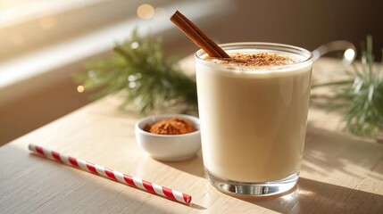 Classic Creamy Eggnog with Cinnamon Stick on Wooden Table 