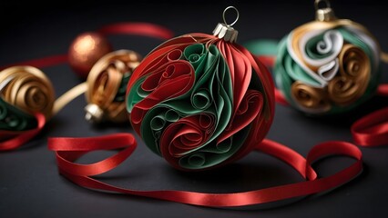 Colorful Christmas ornaments featuring red, green, and gold designs with ribbons create a festive atmosphere for holiday decoration and celebration in a cozy indoor setting Generative AI