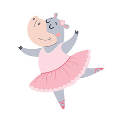 A cute animal is doing ballet. A cute hippopotamus dances ballet in a pink tutu skirt.