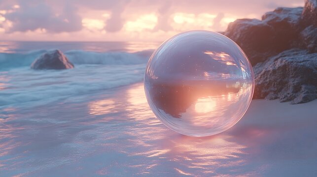Transparent sphere on peaceful beach sunset