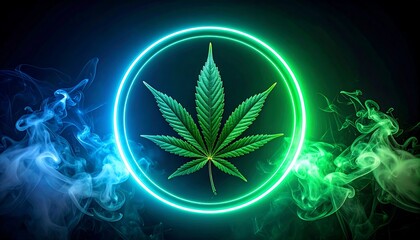 Green cannabis leaf within a glowing circle, surrounded by swirling blue and green smoke against a dark background