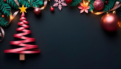 Colorful Christmas decorations with a festive tree, ornaments, and snowflakes on a dark background creating a cheerful holiday atmosphere Generative AI