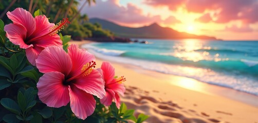 Pink hibiscus flowers bloom near sandy beach and turquoise ocean waves at sunset. Palm trees line the tropical island shore with calm water. Scenic landscape evokes peaceful island vacation vibes.