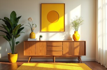 Warm sunlight streams into a cozy room illuminating a wooden sideboard with yellow accents and green plants. A large abstract yellow artwork hangs on the wall, creating a cheerful modern ambiance.